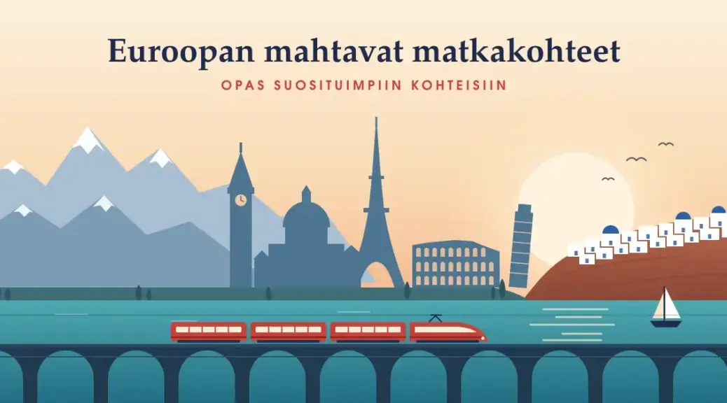 Kuvituksessa punainen juna kulkee kivistä maasiltaa pitkin halki Euroopan maiseman, jossa vasemmalla kohoavat lumihuippuiset Alpit, keskellä Eiffel-torni, Colosseum sekä Pisan kalteva torni ja oikealla Välimeren valkoinen rantakylä sinisine kupoleineen.