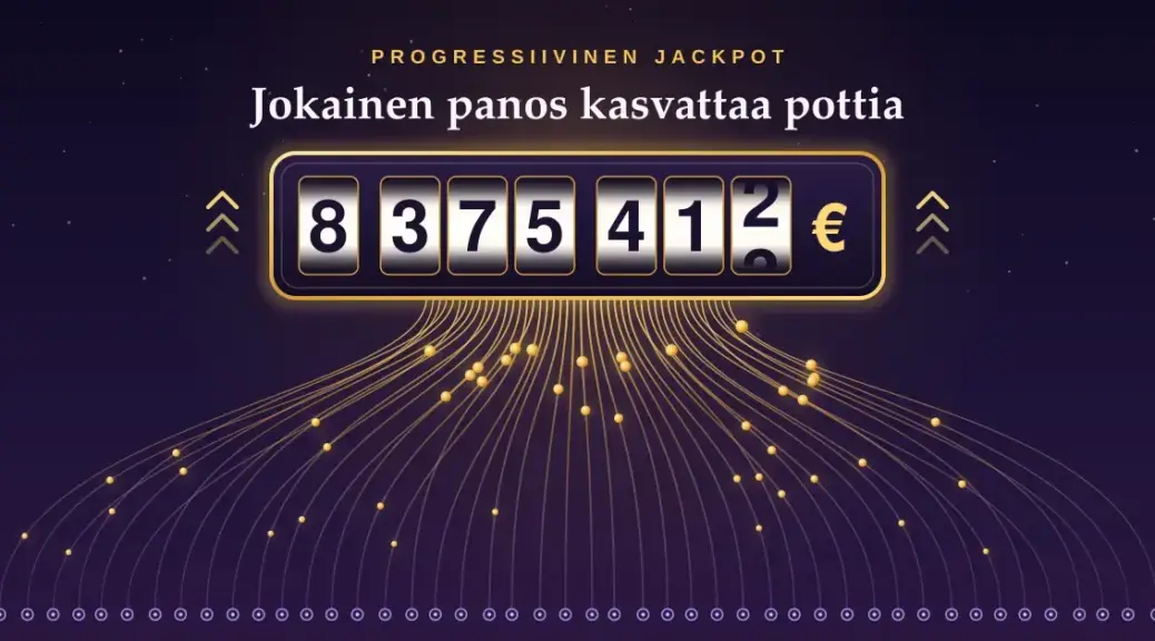 Kultareunainen jackpot-laskuri, johon lukuisten pelaajien pienet panokset virtaavat kultaisina kolikkoina ja valojuovina, havainnollistaa progressiivisen jackpotin kasvua tummanvioletilla taustalla.