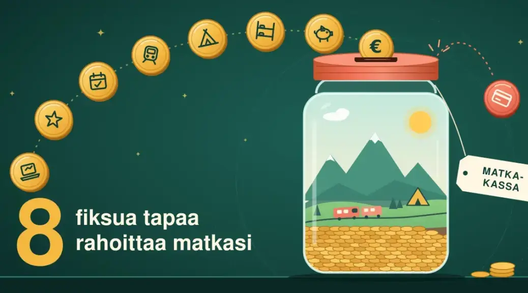 Kuvituksessa seitsemän kultakolikkoa, joissa on läppäri, tähti, kalenteri, juna, teltta, kerrossänky ja säästöpossu, kaartaa kohti MATKAKASSA-lapulla merkittyä lasipurkkia, jonka sisällä junarata ja teltta ovat vuorten edessä kolikkokasan päällä, kun taas luottokorttikolikko kimpoaa kannesta sivuun.