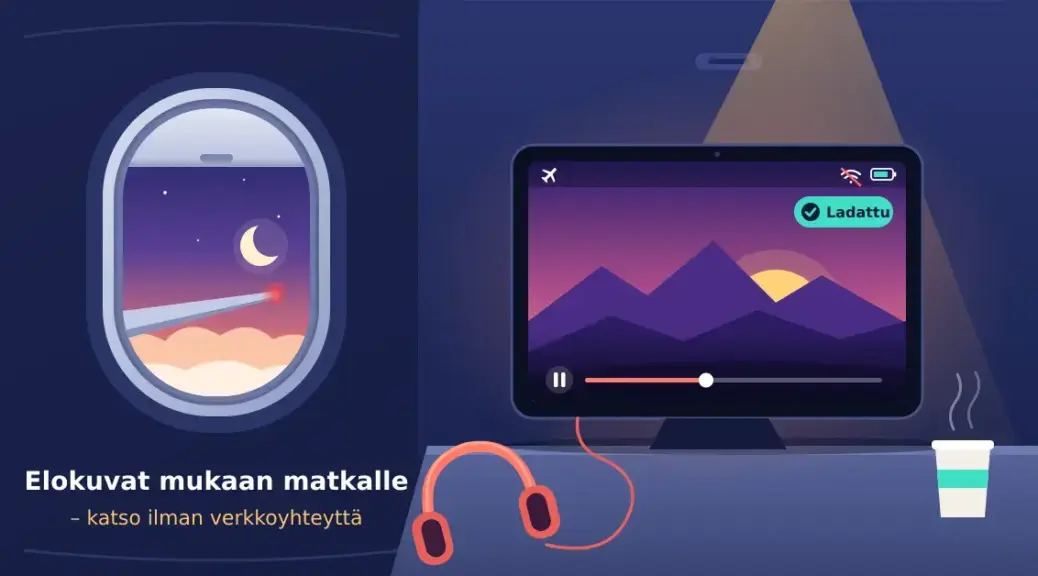 Lentokoneen ikkunasta näkyy hämärtyvä taivas ja siipi, kun tarjottimella olevassa tabletissa pyörii lentotilassa offline-katseluun ladattu elokuva kuulokkeiden ja kahvikupin vieressä.