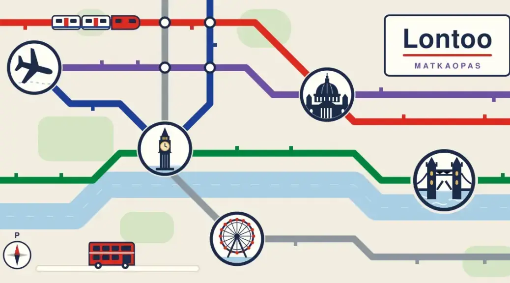 Metrokartan tyyliin piirretyssä Lontoon kuvituksessa värikkäät metrolinjat ja Thames-joki yhdistävät pyöreät asemamerkit, joissa on lentokone, Big Ben, London Eye, Pyhän Paavalin katedraali ja Tower Bridge, ja kartalla kulkevat myös metrojuna ja punainen kaksikerroksinen bussi.