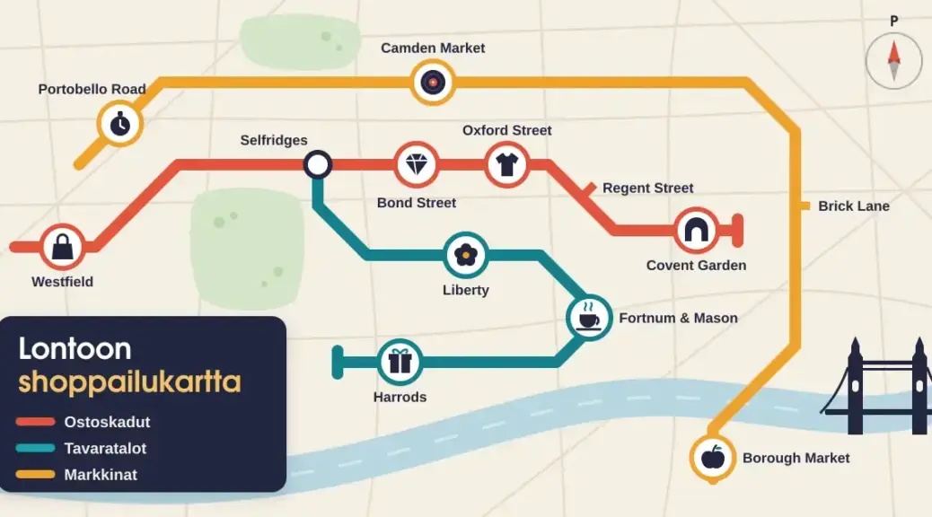 Metrokarttaa muistuttava kuvitus, jossa värikoodatut linjat yhdistävät Lontoon ostoskadut, kuten Oxford Streetin ja Bond Streetin, tavaratalot, kuten Harrodsin ja Libertyn, sekä markkinat Camden Marketista Borough Marketiin, ja kartan kulmassa Thamesin yllä näkyy Tower Bridge.
