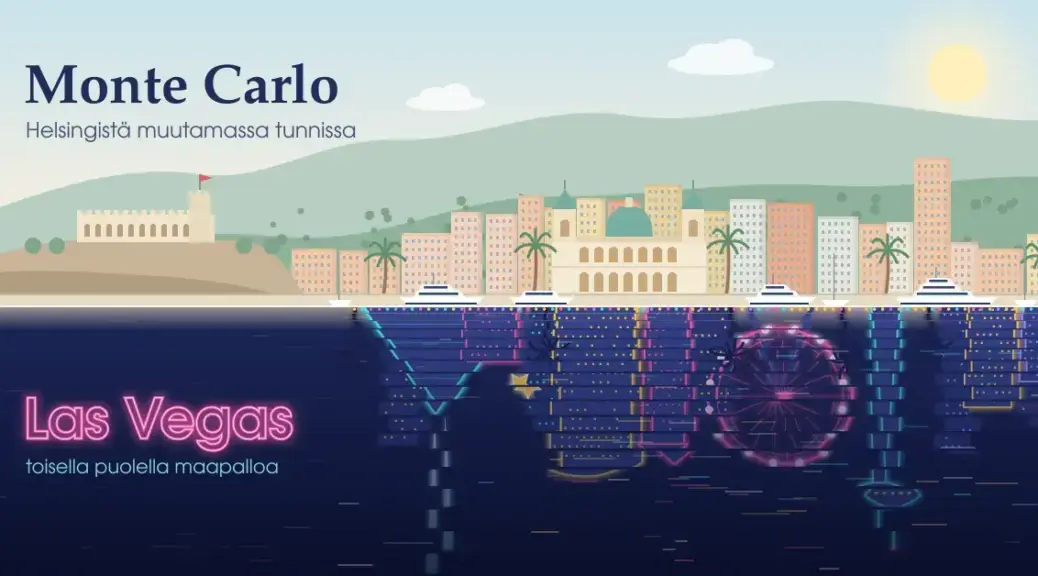 Kuvituksessa aurinkoinen Monte Carlo kasinoineen, palmuineen ja jahteineen heijastuu yön tummaan veteen Las Vegasin neonvaloina, joissa näkyvät pyramidi, maailmanpyörä ja näkötorni.