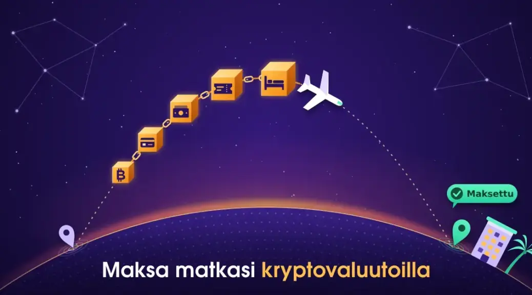 Kuvituksessa lentokone vetää violetin planeetan yllä kaarevaa reittiä pitkin ketjua oransseja lohkoketjukuutioita, joissa on bitcoinin symboli, maksukortti, seteli, lentolippu ja hotellisänky, ja reitin päässä hotellin ja palmun vieressä vihreä Maksettu-merkki vahvistaa kryptovaluutalla maksetun matkan.
