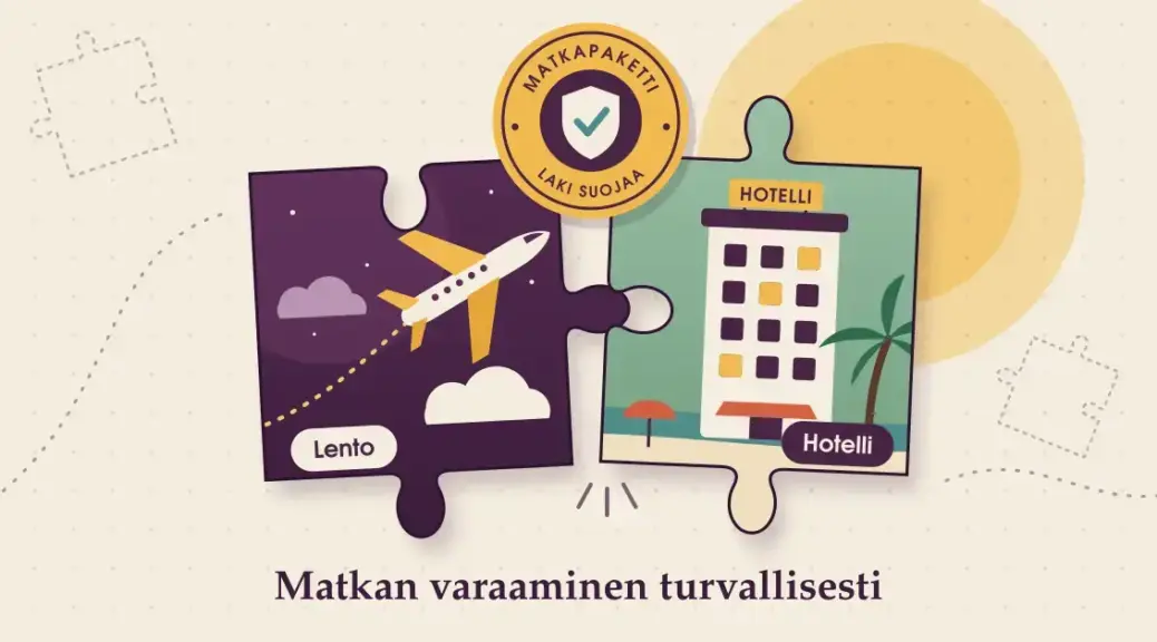 Kuvituksessa kaksi palapelin palaa – violetti lentokonetta esittävä ”Lento” ja salviansävyinen rantahotellia esittävä ”Hotelli” – loksahtavat yhteen matkapaketiksi, jonka liitoskohdan yllä on keltainen ”Matkapaketti – laki suojaa” -sinetti kilpineen ja tekstinä ”Matkan varaaminen turvallisesti”.