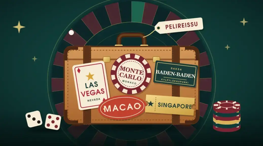 Vanha nahkamatkalaukku, jossa on Las Vegasin, Monte Carlon, Macaon, Baden-Badenin ja Singaporen matkatarrat, ruletti taustalla sekä nopat ja pelimerkkipino lattialla.