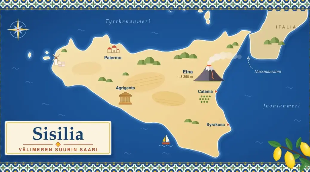 Kuvitettu kartta Sisilian kolmionmuotoisesta saaresta sinisellä merellä: Etna savuaa itärannikolla, Palermossa näkyvät punaiset kupolit ja Agrigentossa antiikin temppeli, kartan ympärillä on sisilialaisista majolikalaatoista tehty kehys ja kulmassa sitruunaoksa.