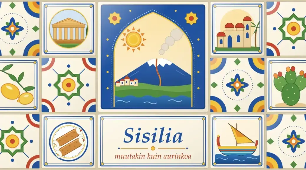 Kuvituksessa sisilialaistyylinen majolikalaattaseinä, jonka keskimmäisessä laatassa savuava Etna, aurinko ja meri näkyvät arabialais-normannilaisen suippokaaren läpi, ympäröivissä laatoissa on kreikkalainen temppeli, punaiset kupolit, sitruunoita, cannoleja, kalastusvene ja viikunakaktus, ja alalaatassa lukee ”Sisilia – muutakin kuin aurinkoa”.