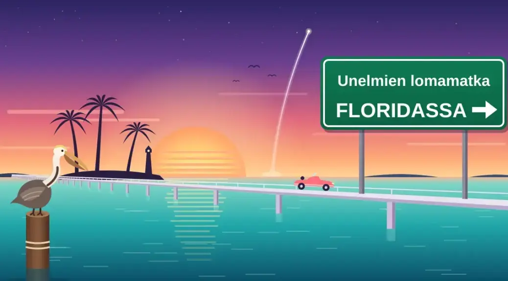 Kuvituksessa Floridan Keys-saarten halki kulkeva pitkä silta katoaa iltaruskon horisonttiin, jossa aurinko laskee palmusaaren ja majakan taakse, taivaalle piirtyy raketin nousujuova, sillalla ajaa vaaleanpunainen avoauto, vihreässä tienviitassa lukee "Unelmien lomamatka Floridassa" ja etualalla ruskeapelikaani istuu puupaalun päällä turkoosin meren keskellä.
