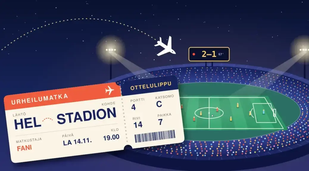 Kuvituksessa lentokone saapuu katkoviivareittiä pitkin valonheittimin valaistulle, yleisön täyttämälle jalkapallostadionille, jonka tulostaululla lukee 2–1, ja etualalla on lippu, jonka toinen puoli on tarkastuskortti reitille HEL–STADION ja toinen puoli ottelulippu portille 4, katsomoon C, riville 14 ja paikalle 7.