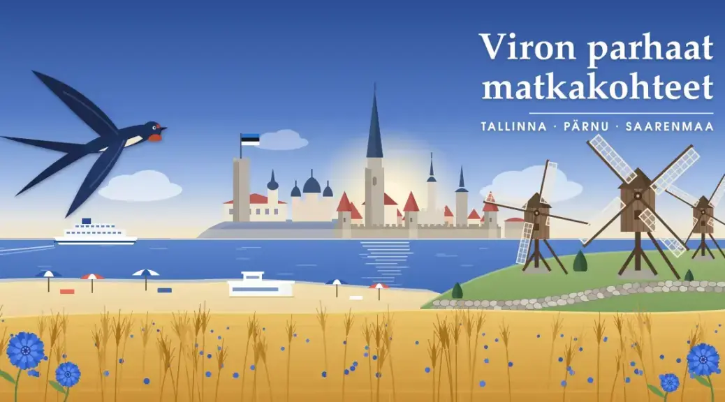 Kuvituksessa haarapääsky lentää Viron kesämaiseman yllä, jossa taustalla kohoavat Tallinnan vanhankaupungin tornit ja Oleviston kirkon suippo torni, keskellä on Pärnun hiekkaranta aurinkovarjoineen, oikealla Saarenmaan puiset tuulimyllyt kiviaitoineen ja etualalla ruiskaunokkeja kasvava ruispelto.